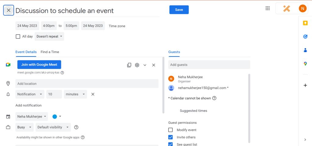 save google calendar event details