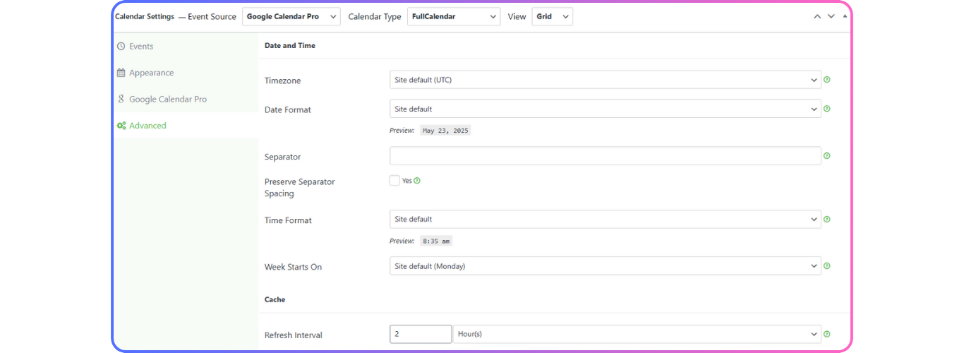 google calendar pro advanced settings