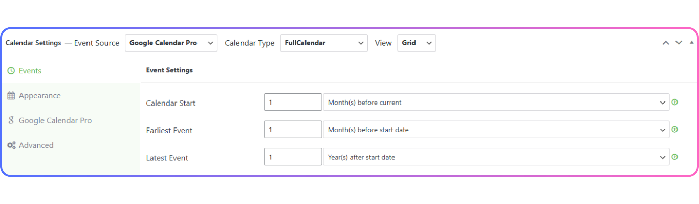 fullcalendar google calendar pro settings
