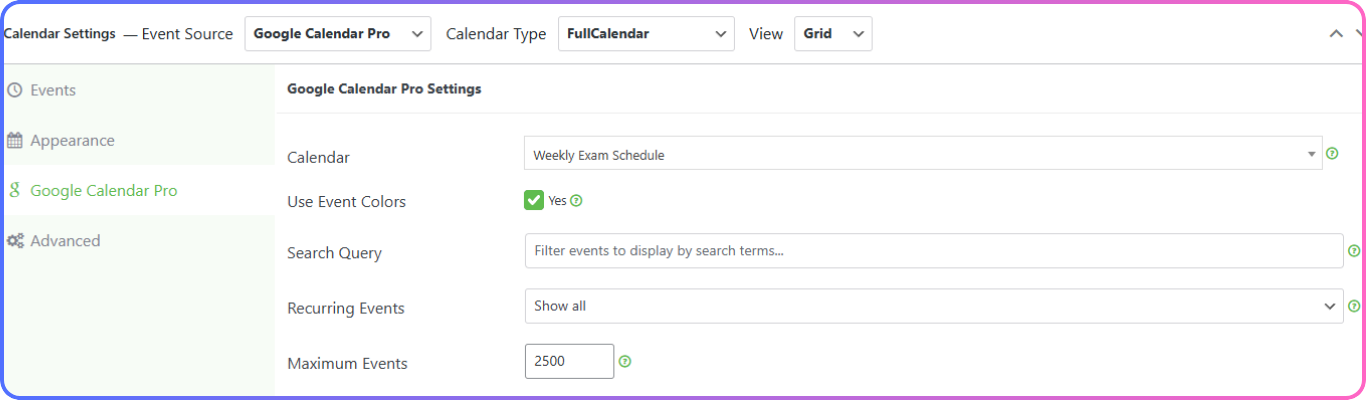 google calendar pro settings