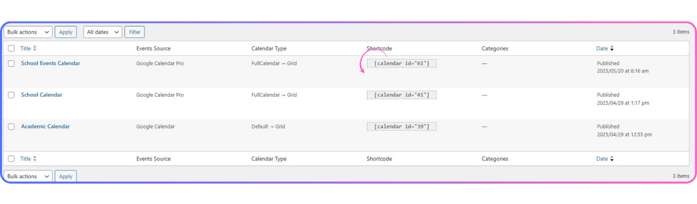 school calendar shortcode wordpress