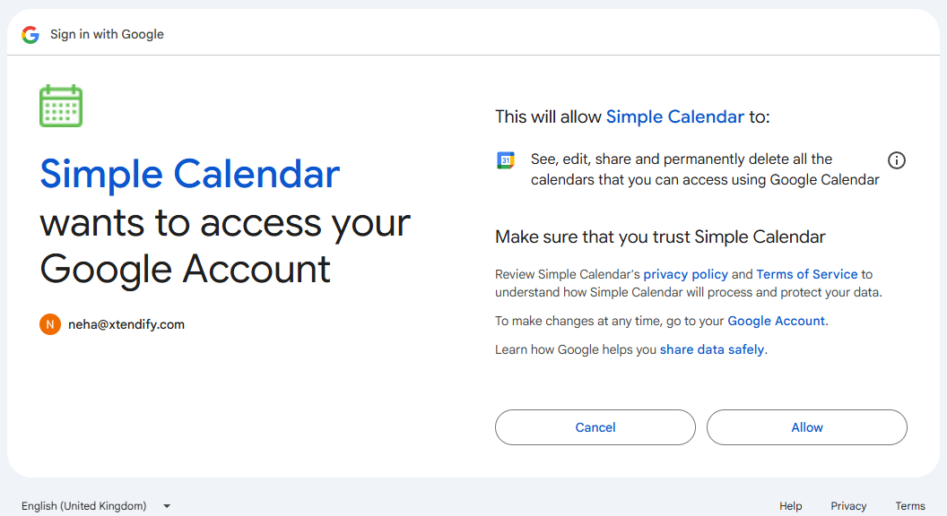 authenticate google calendar via simple calendar