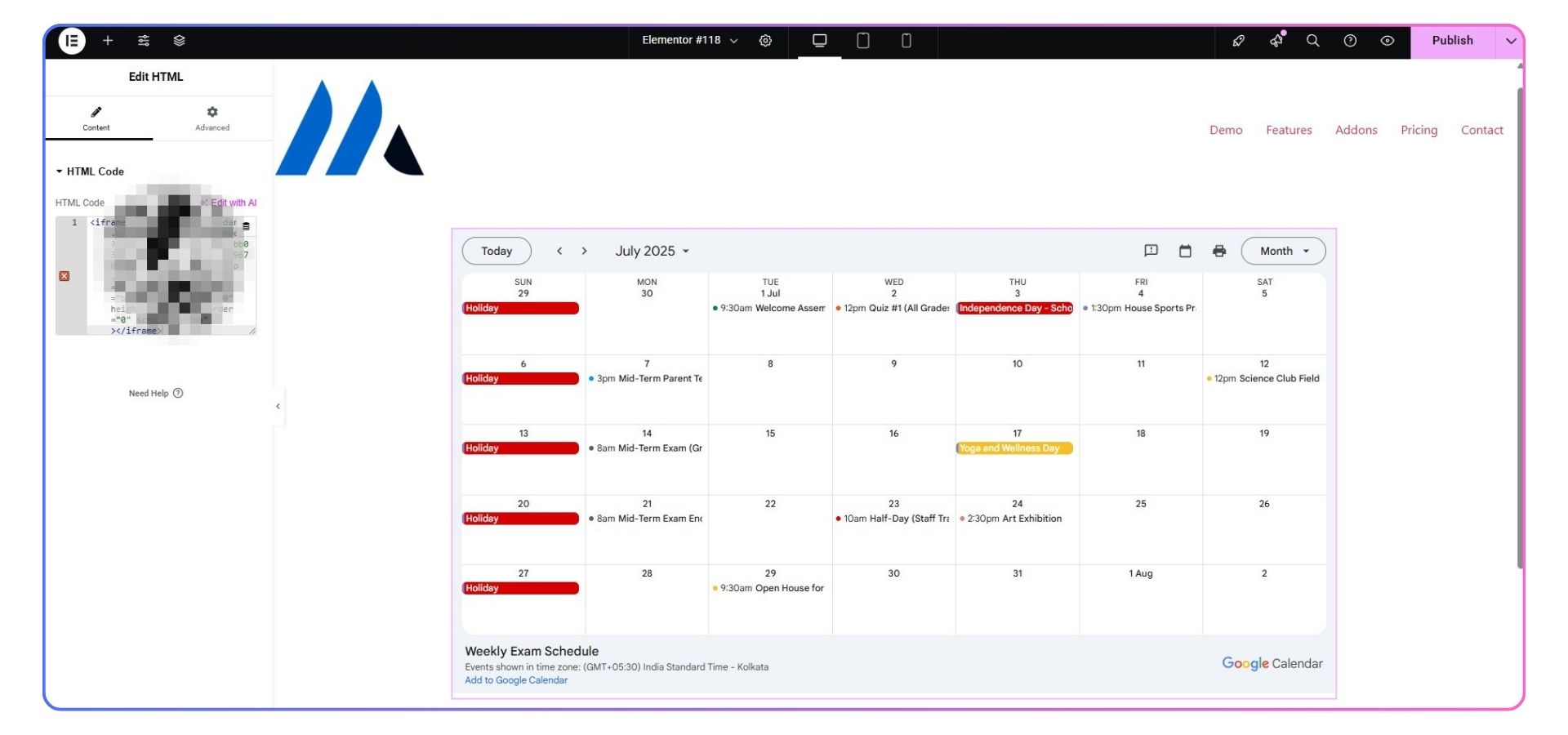 embed google calendar on elementor website