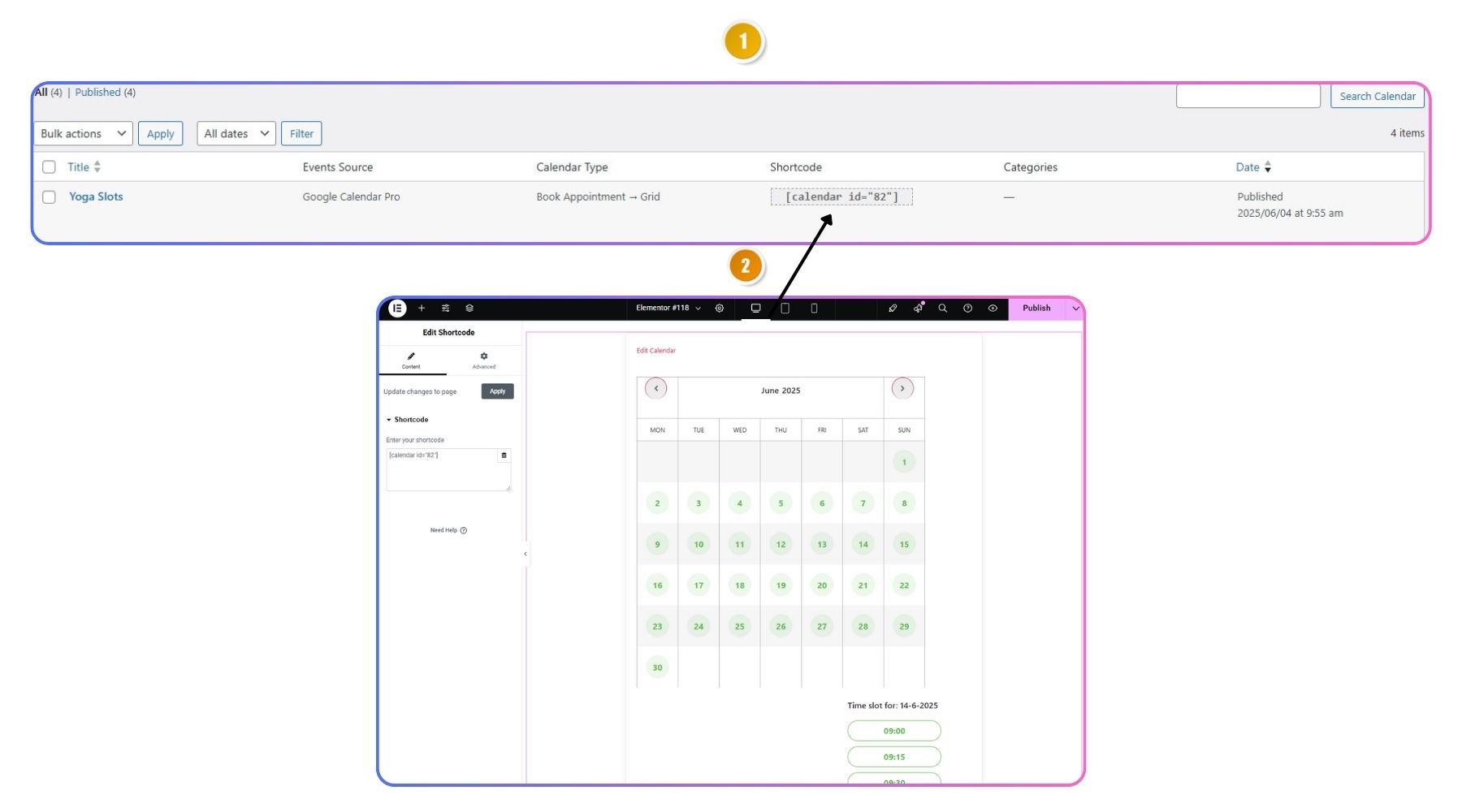 how to use simple calendar on elementor website