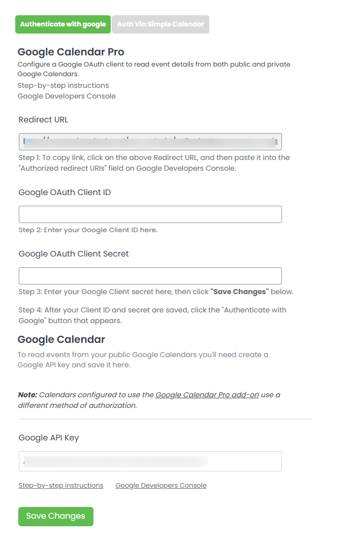 authenticate via simple calendar