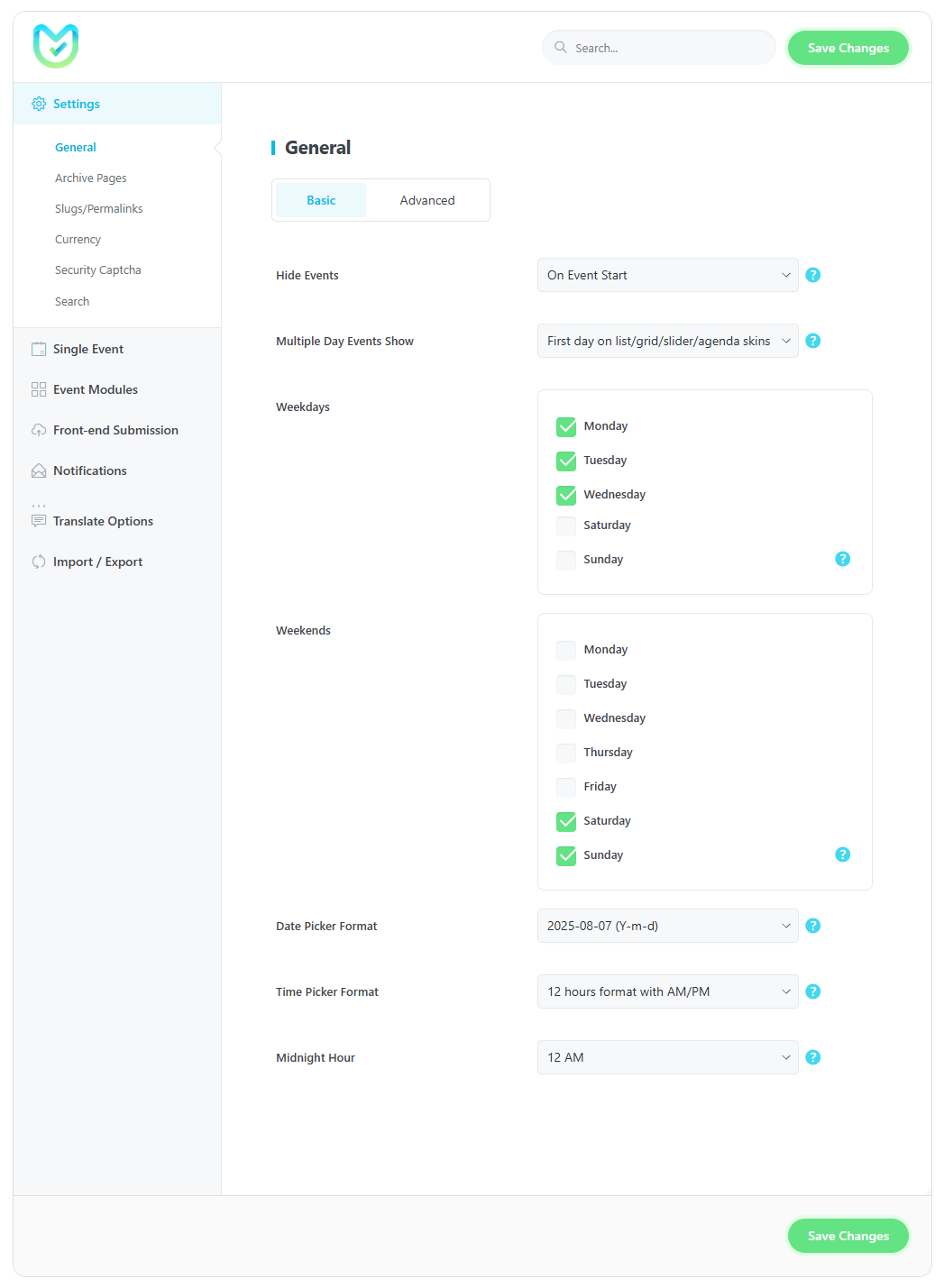 modern events calendar settings