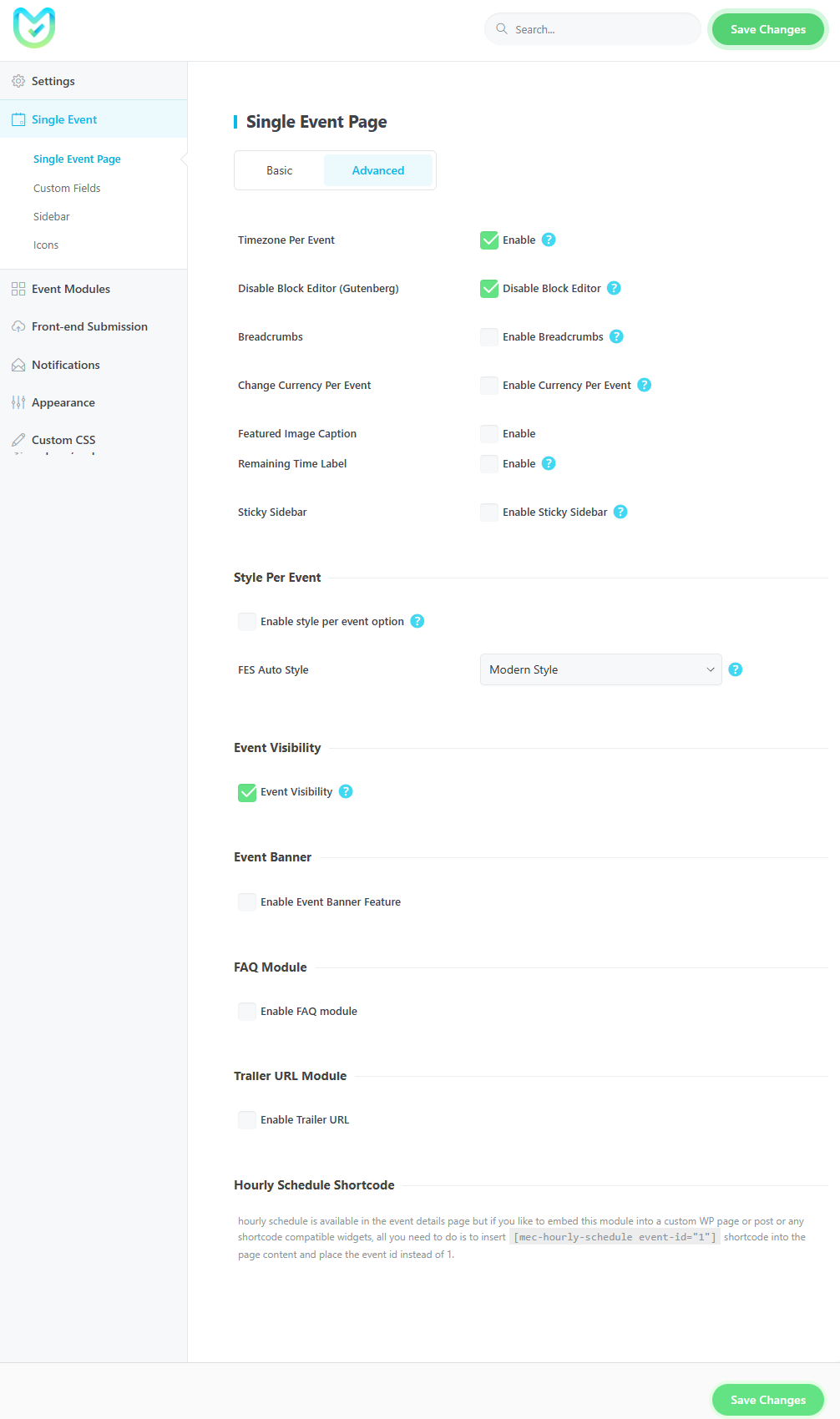 modern events calendar settings