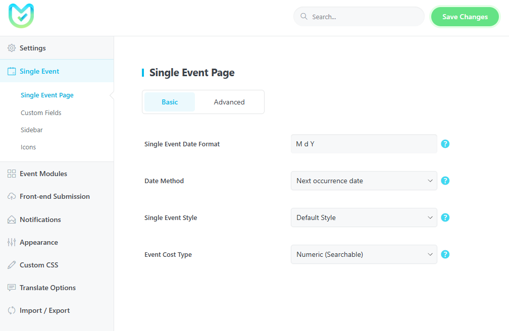 modern events calendar settings