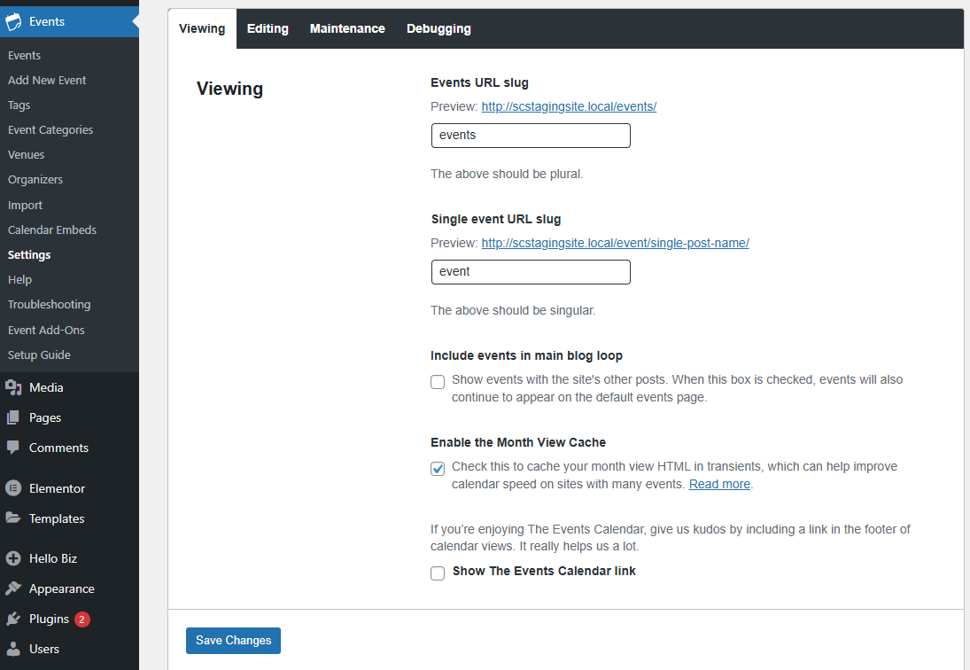 the events calendar plugin settings